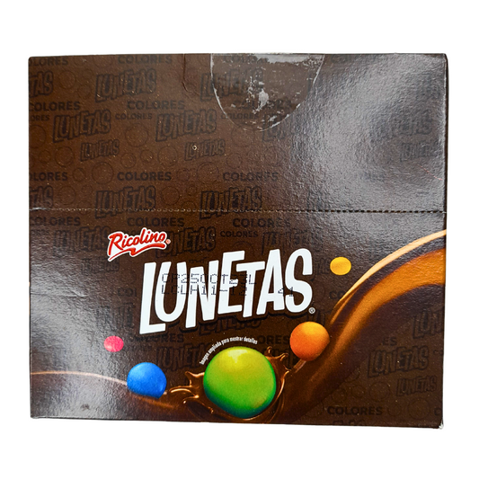 lunetas de chocolate confitado con caramelo de colores ricolino